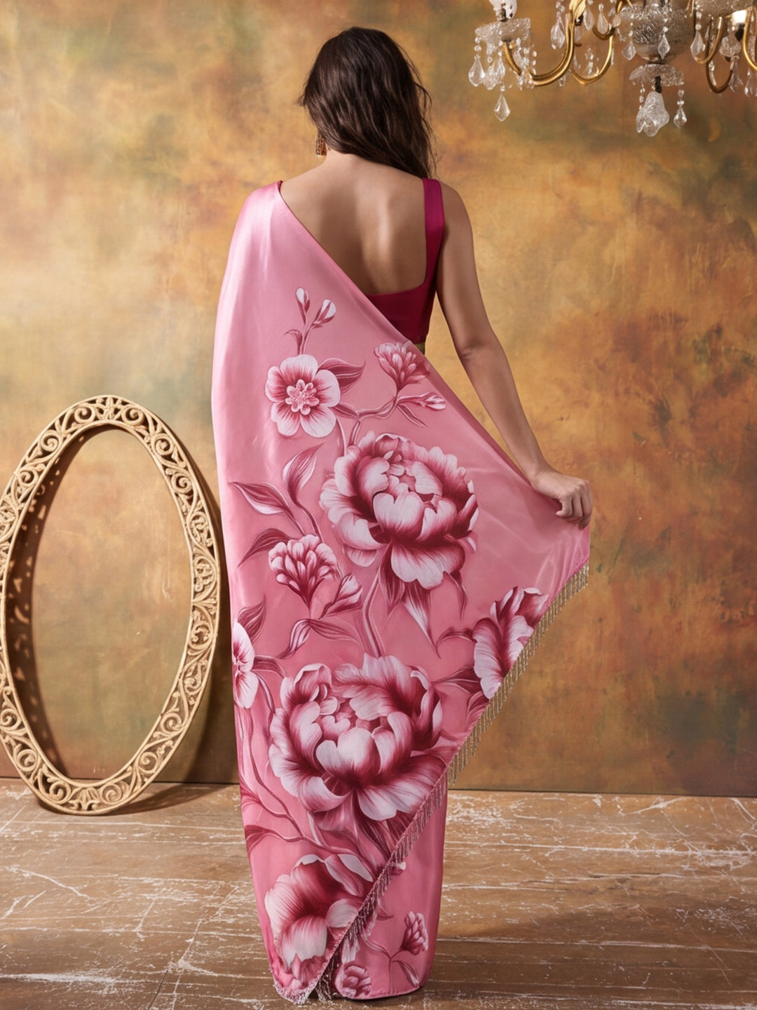 Beautiful Printed Chinon Ready To Wear Saree With Unstitched Blouse