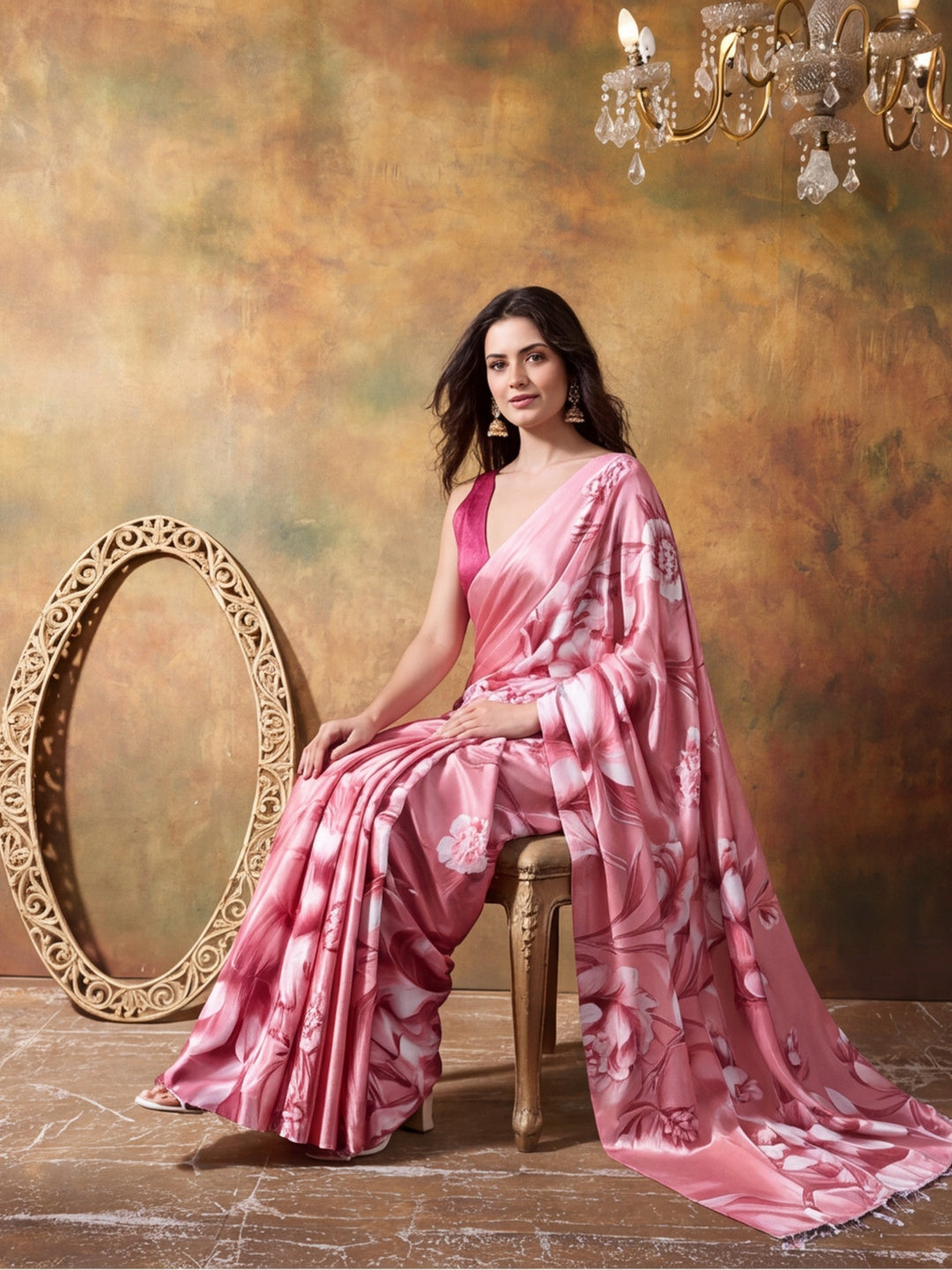 Beautiful Printed Chinon Ready To Wear Saree With Unstitched Blouse