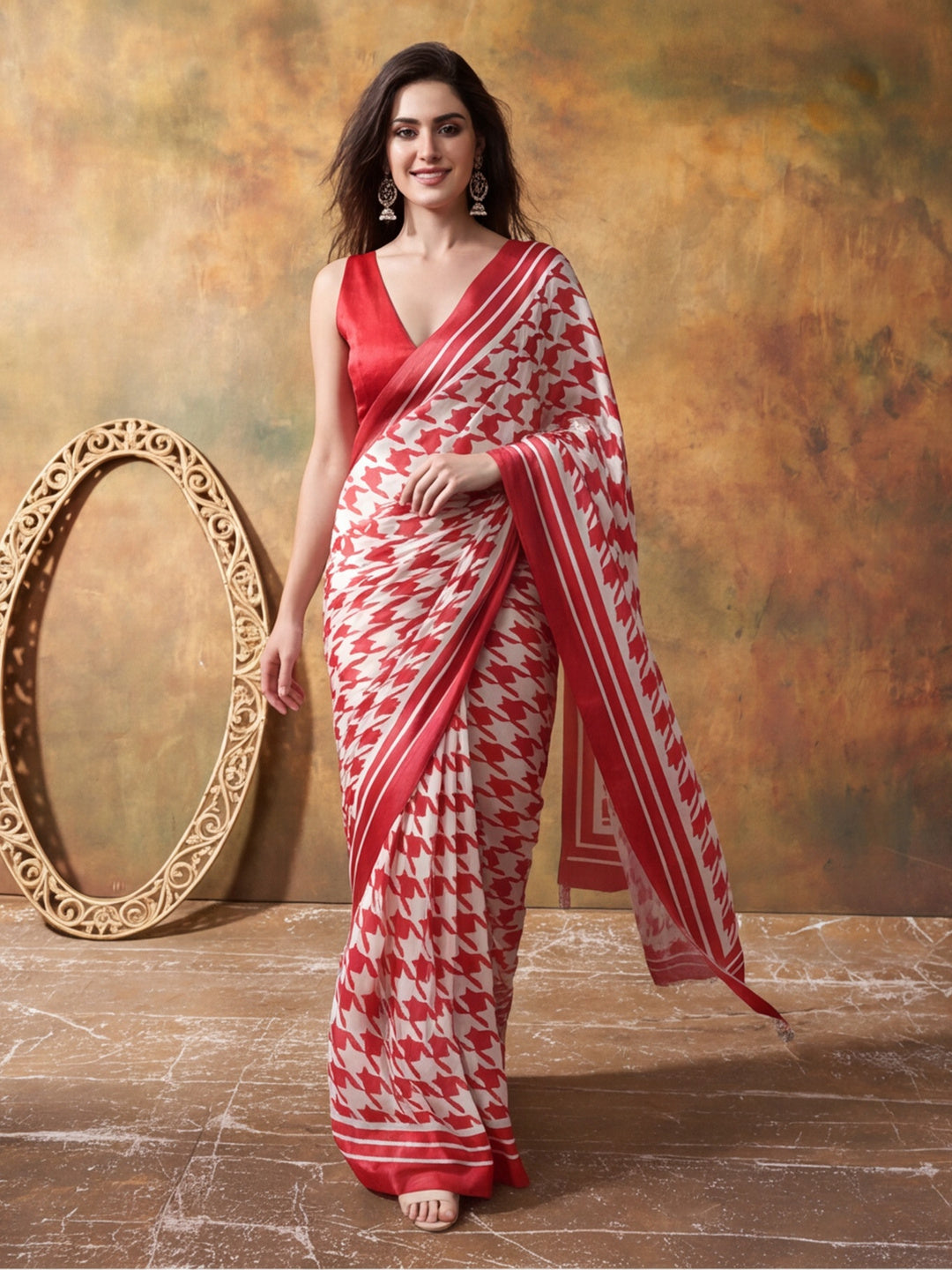 Beautiful Printed Chinon Ready To Wear Saree With Unstitched Blouse