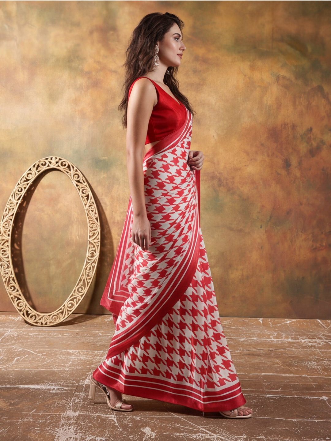 Beautiful Printed Chinon Ready To Wear Saree With Unstitched Blouse