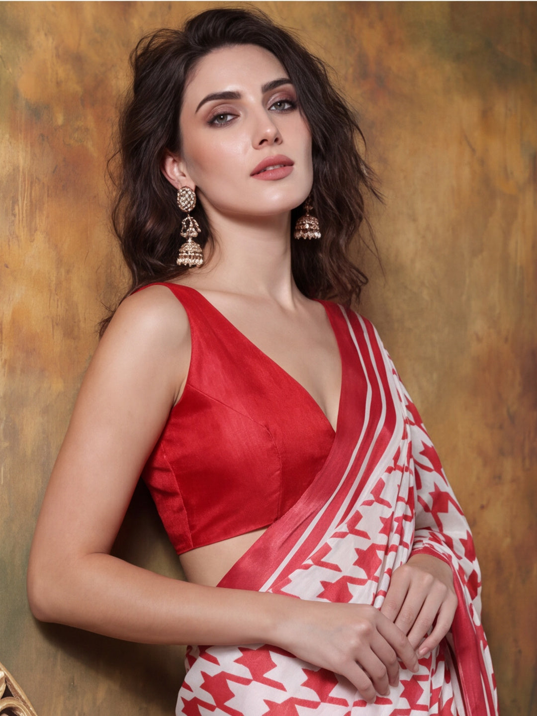 Beautiful Printed Chinon Ready To Wear Saree With Unstitched Blouse
