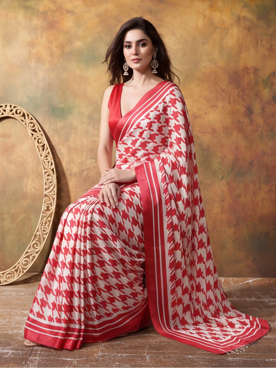 Beautiful Printed Chinon Ready To Wear Saree With Unstitched Blouse