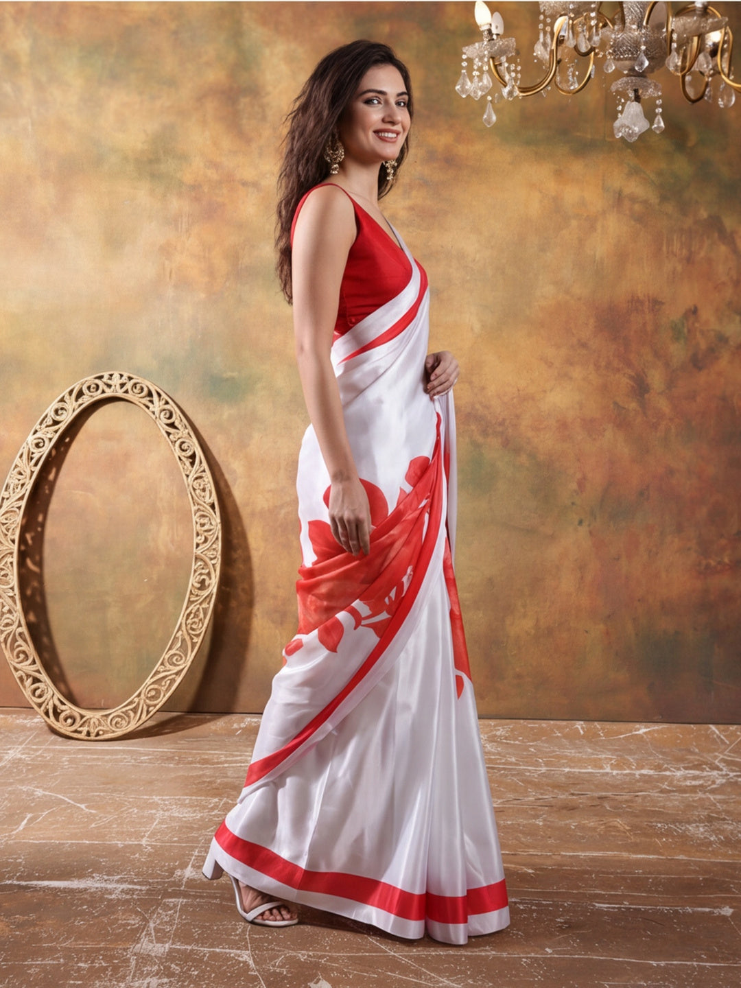 Beautiful Printed Chinon Ready To Wear Saree With Unstitched Blouse