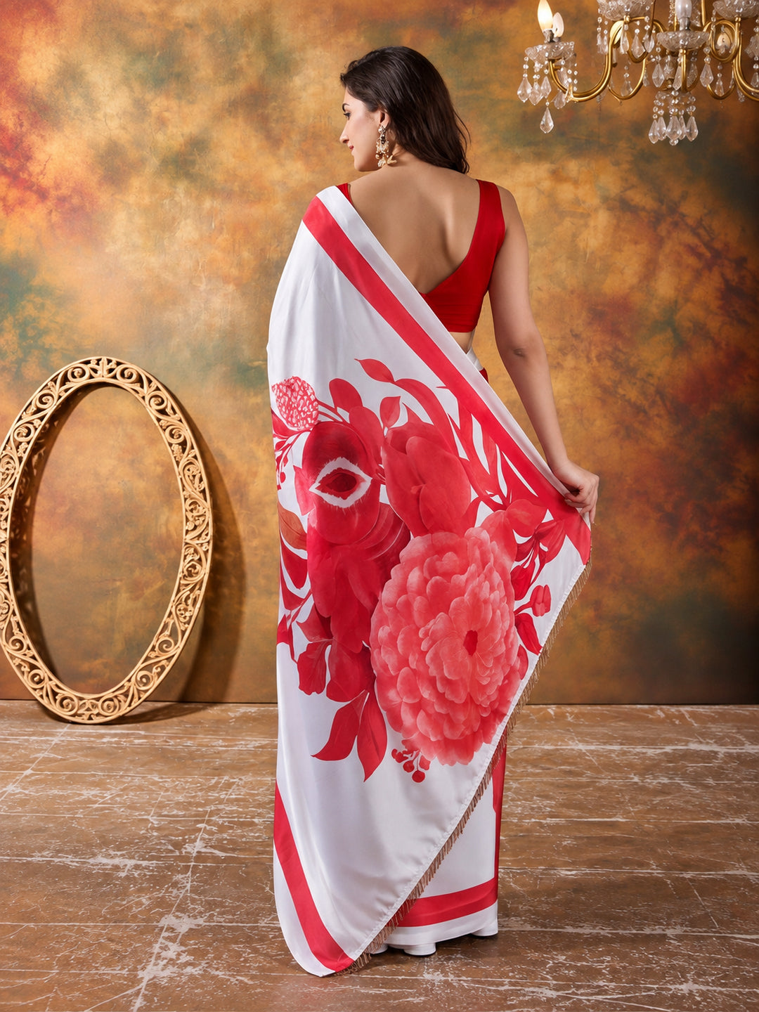 Beautiful Printed Chinon Ready To Wear Saree With Unstitched Blouse