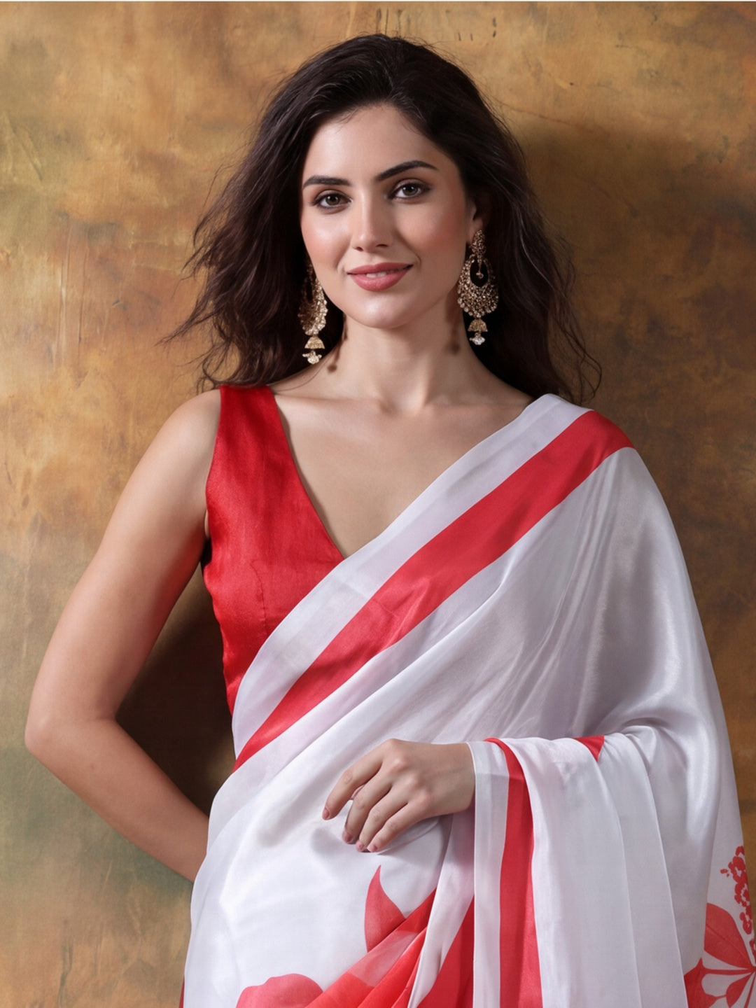 Beautiful Printed Chinon Ready To Wear Saree With Unstitched Blouse