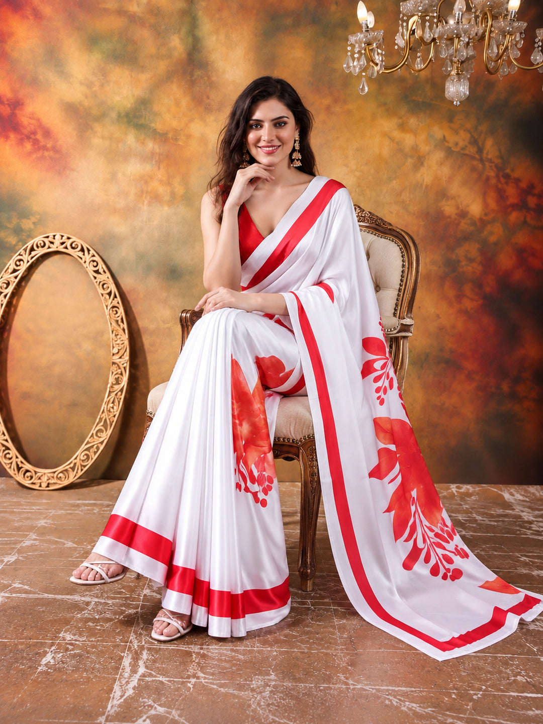 Beautiful Printed Chinon Ready To Wear Saree With Unstitched Blouse