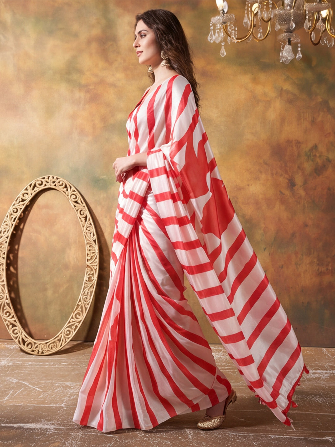 Beautiful Printed Chinon Ready To Wear Saree With Unstitched Blouse