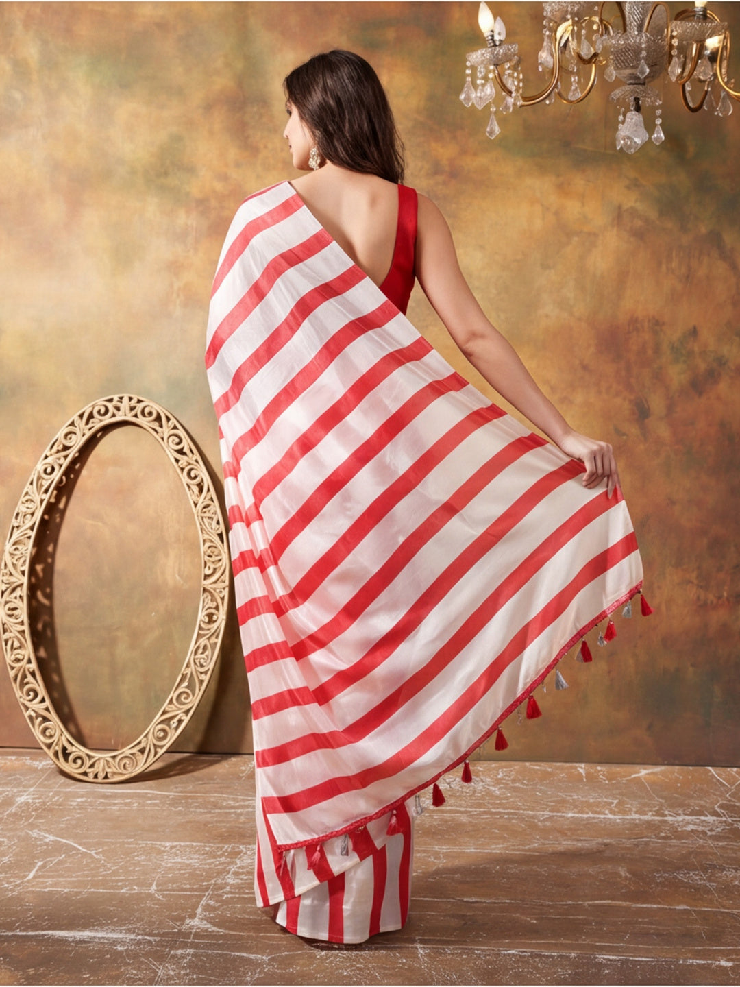 Beautiful Printed Chinon Ready To Wear Saree With Unstitched Blouse