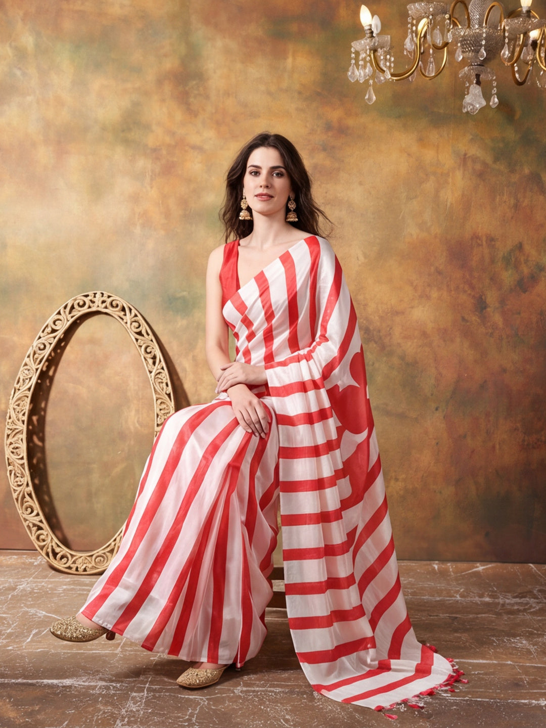 Beautiful Printed Chinon Ready To Wear Saree With Unstitched Blouse