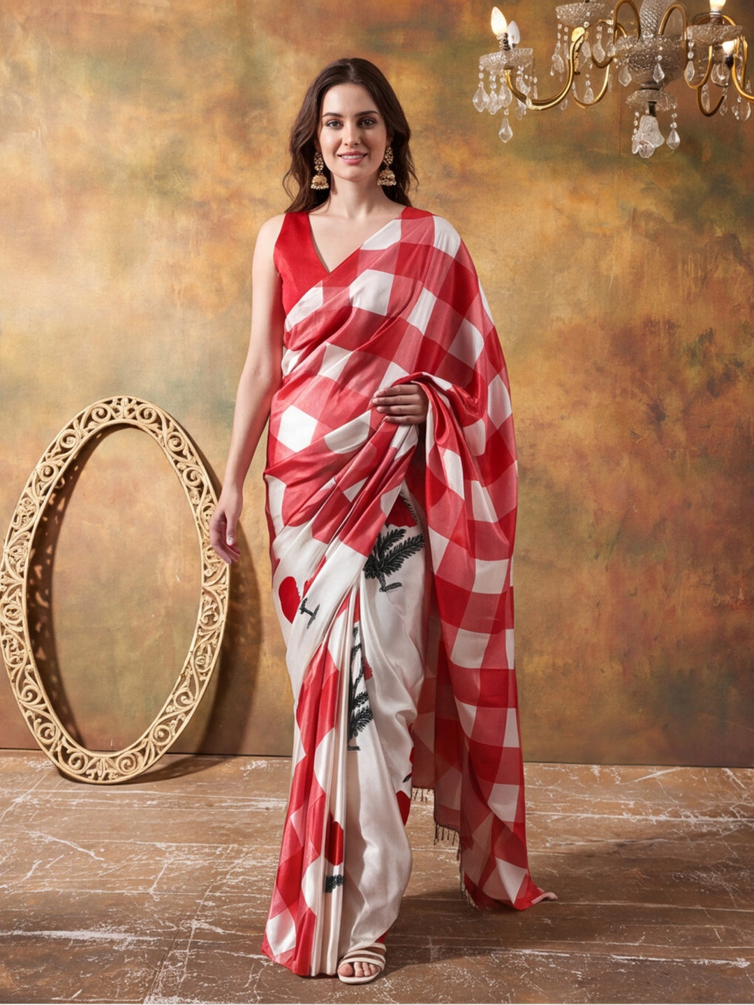 Beautiful Printed Chinon Ready To Wear Saree With Unstitched Blouse