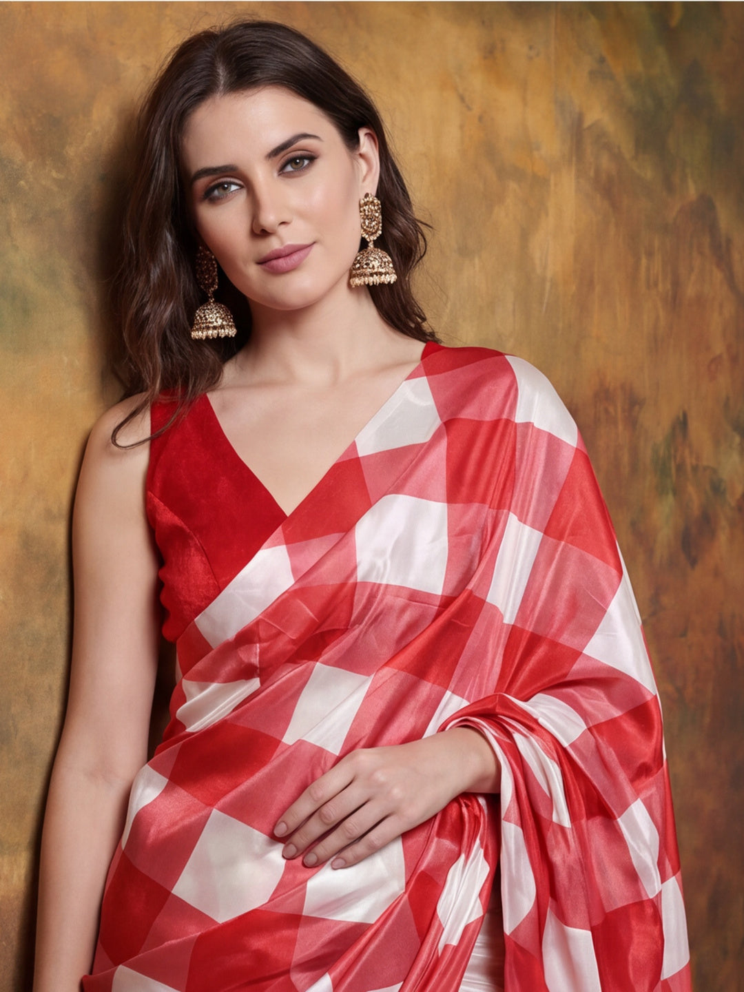 Beautiful Printed Chinon Ready To Wear Saree With Unstitched Blouse