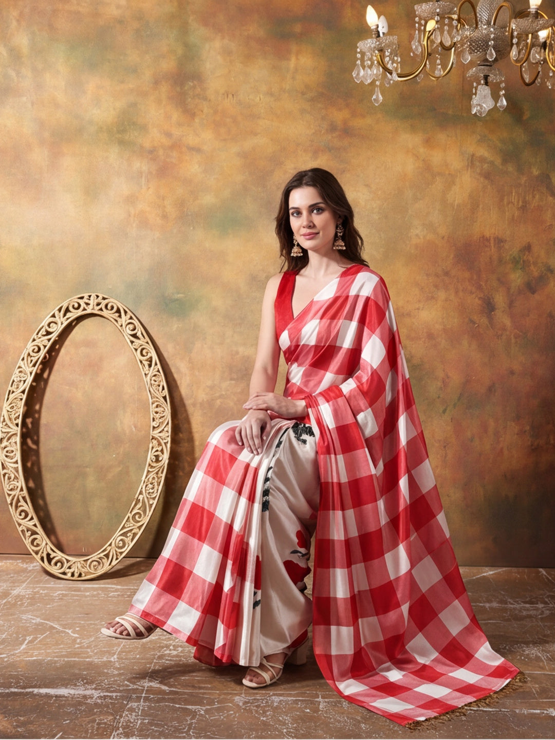 Beautiful Printed Chinon Ready To Wear Saree With Unstitched Blouse
