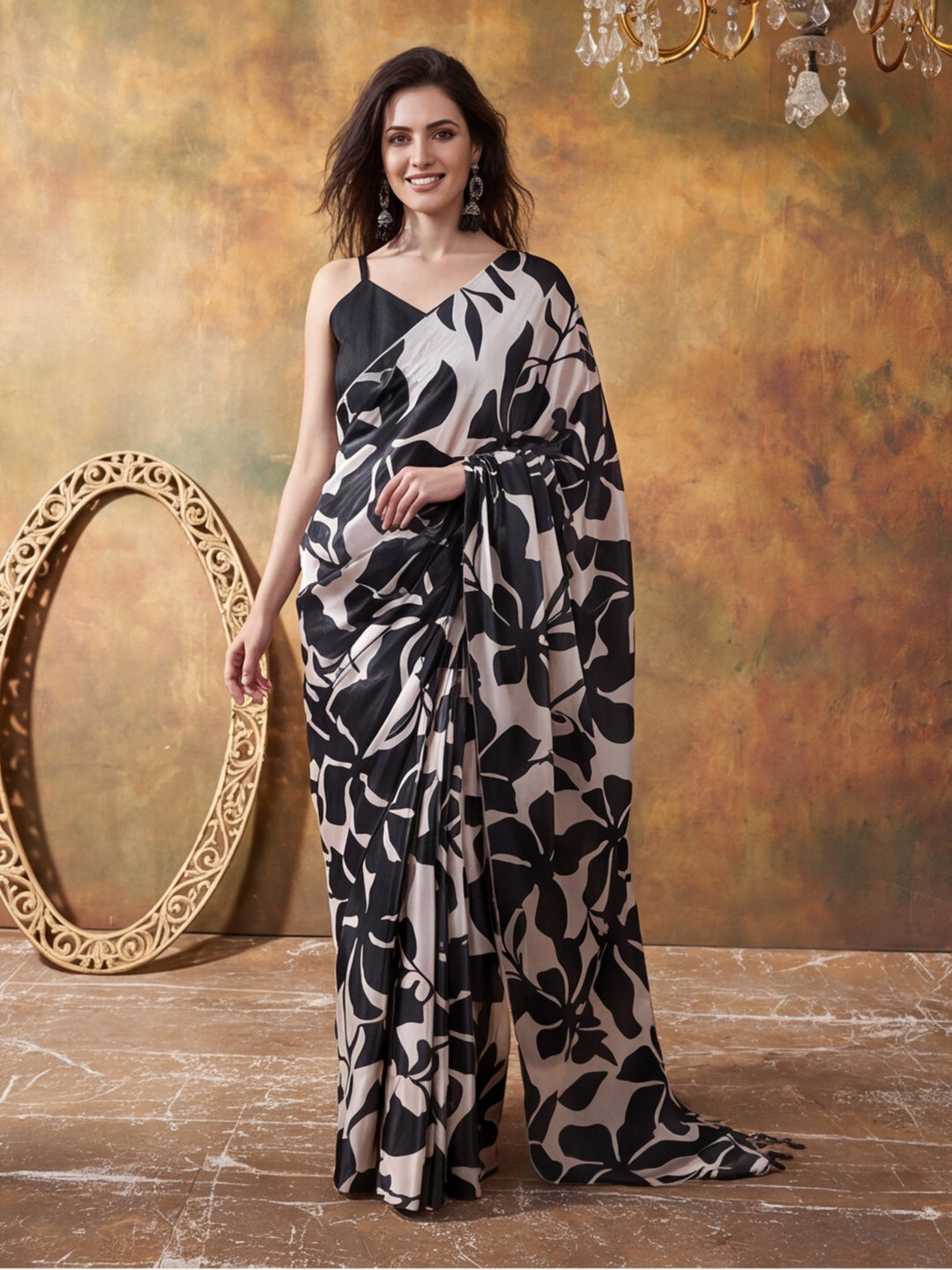 Beautiful Printed Chinon Ready To Wear Saree With Unstitched Blouse