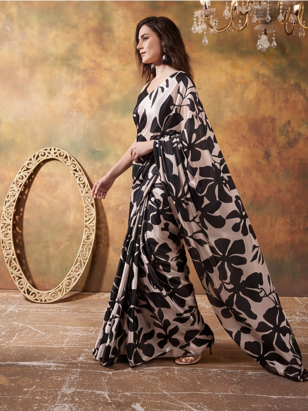 Beautiful Printed Chinon Ready To Wear Saree With Unstitched Blouse