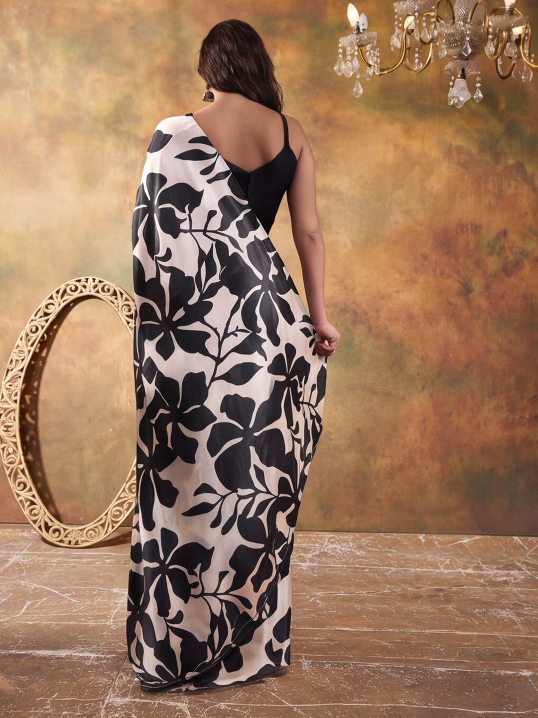 Beautiful Printed Chinon Ready To Wear Saree With Unstitched Blouse