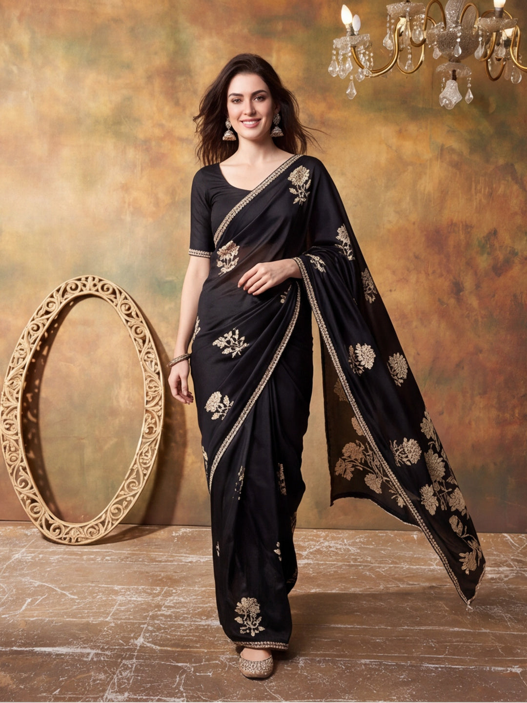 Beautiful Printed Chinon Ready To Wear Saree With Unstitched Blouse