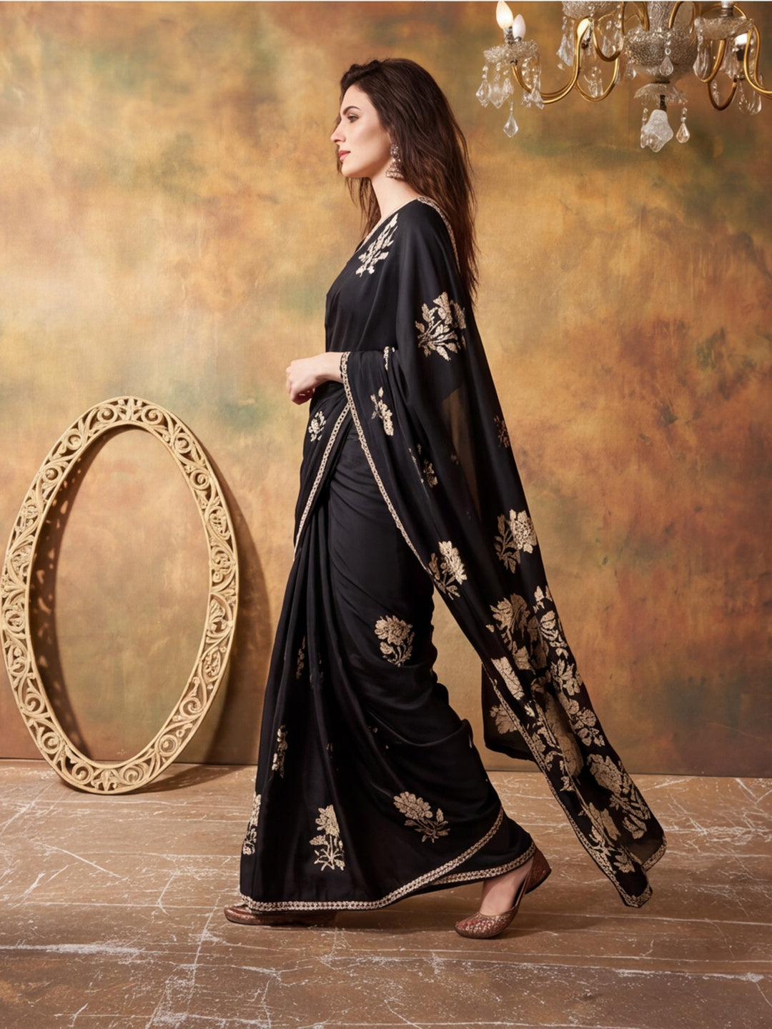 Beautiful Printed Chinon Ready To Wear Saree With Unstitched Blouse