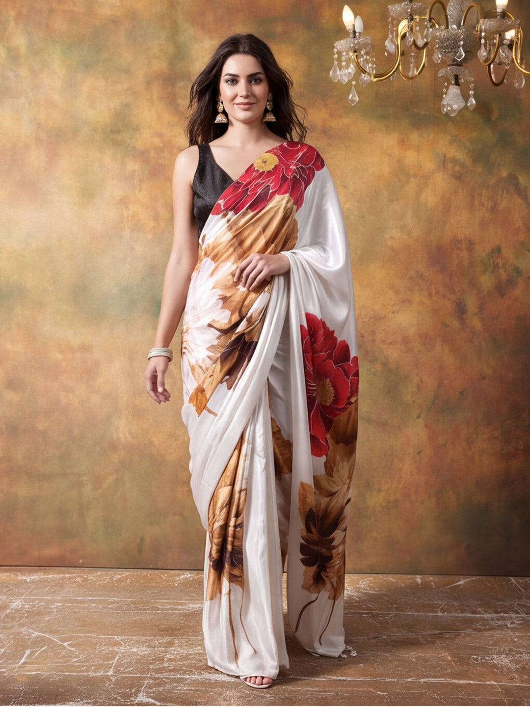 Beautiful Printed Chinon Ready To Wear Saree With Unstitched Blouse