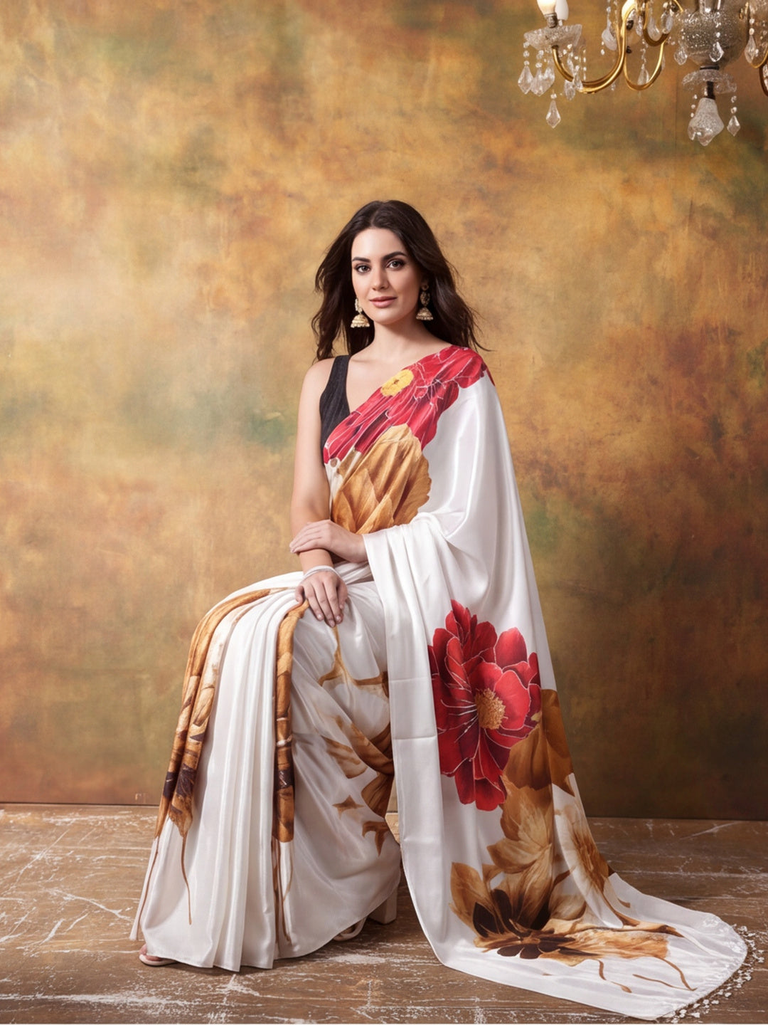 Beautiful Printed Chinon Ready To Wear Saree With Unstitched Blouse