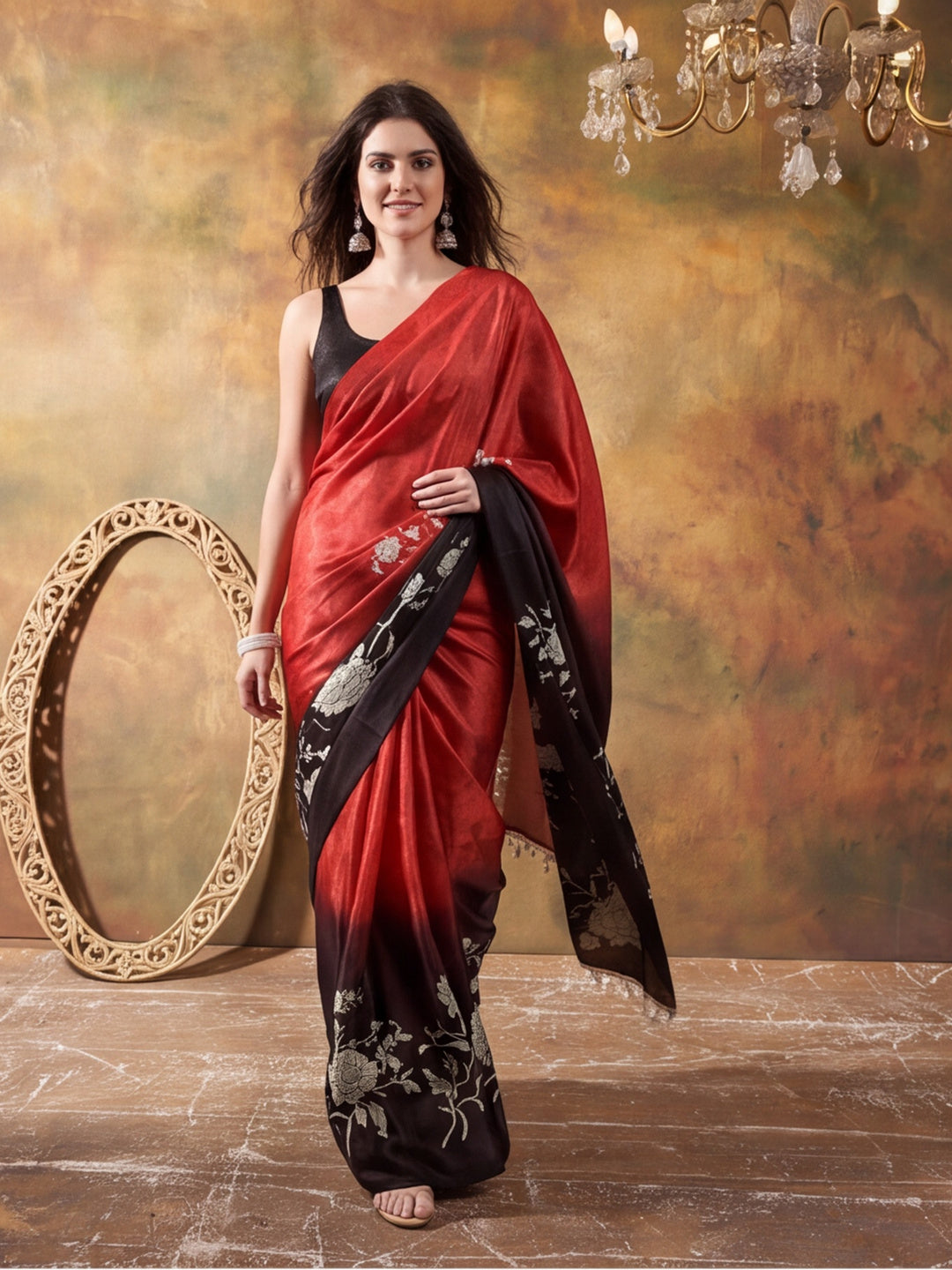 Beautiful Printed Chinon Ready To Wear Saree With Unstitched Blouse