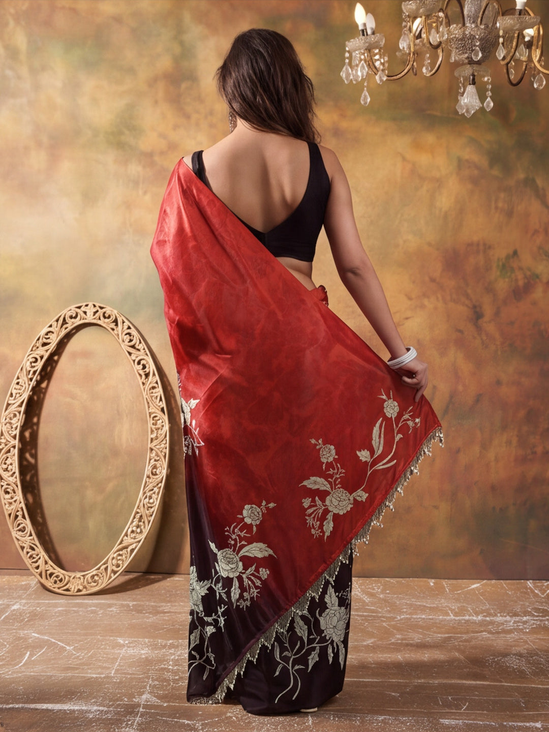 Beautiful Printed Chinon Ready To Wear Saree With Unstitched Blouse