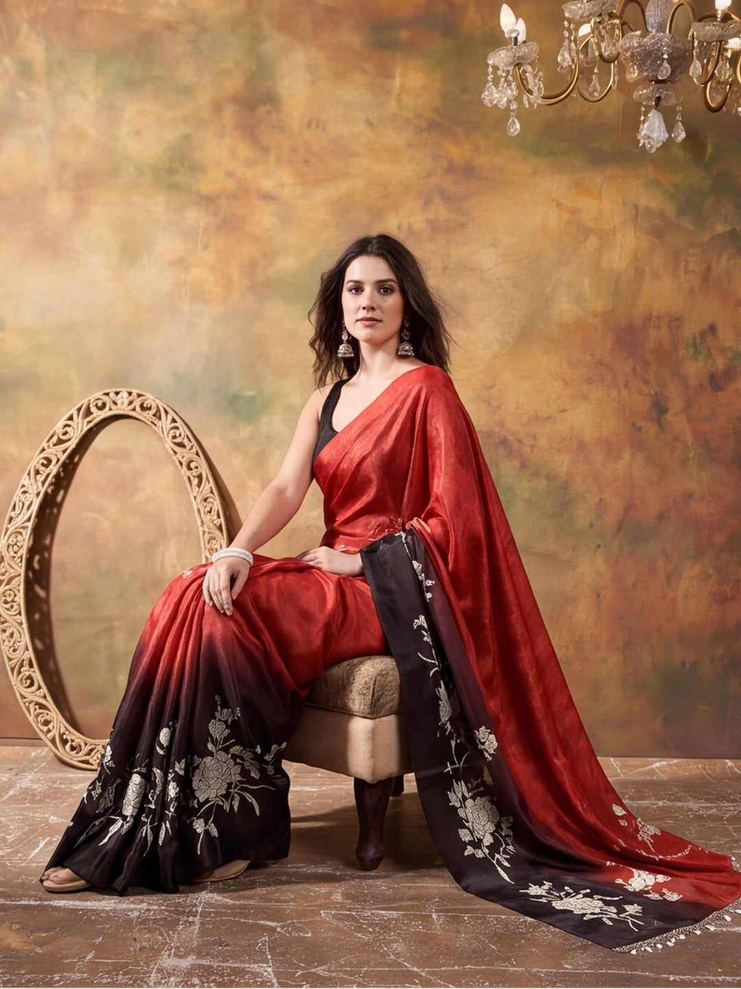 Beautiful Printed Chinon Ready To Wear Saree With Unstitched Blouse