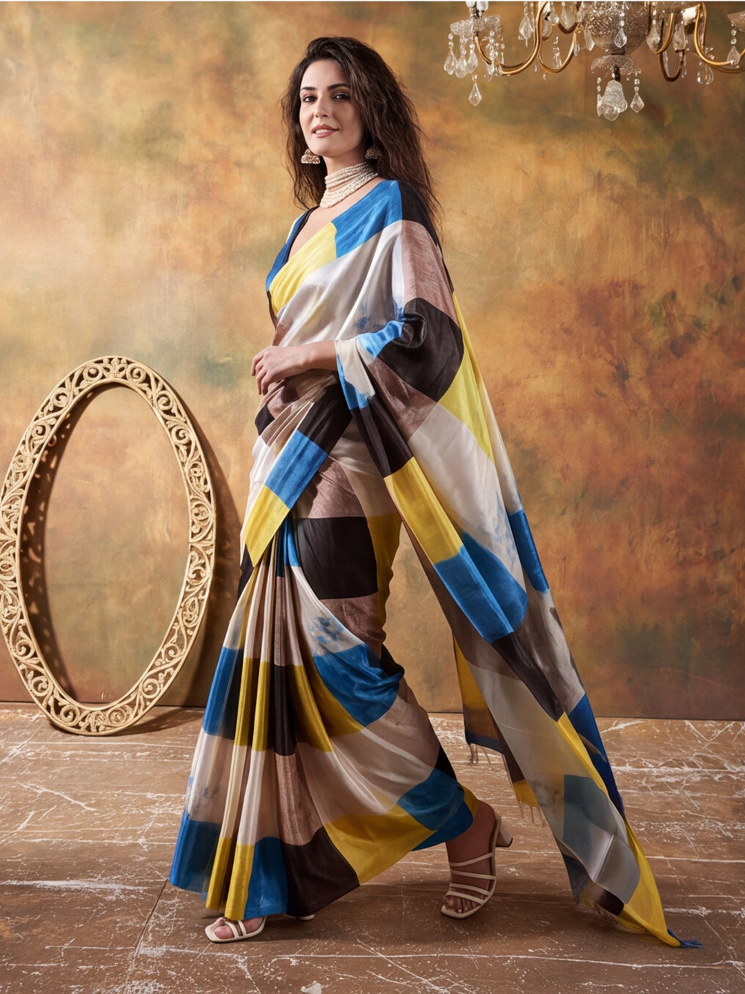 Beautiful Printed Chinon Ready To Wear Saree With Unstitched Blouse