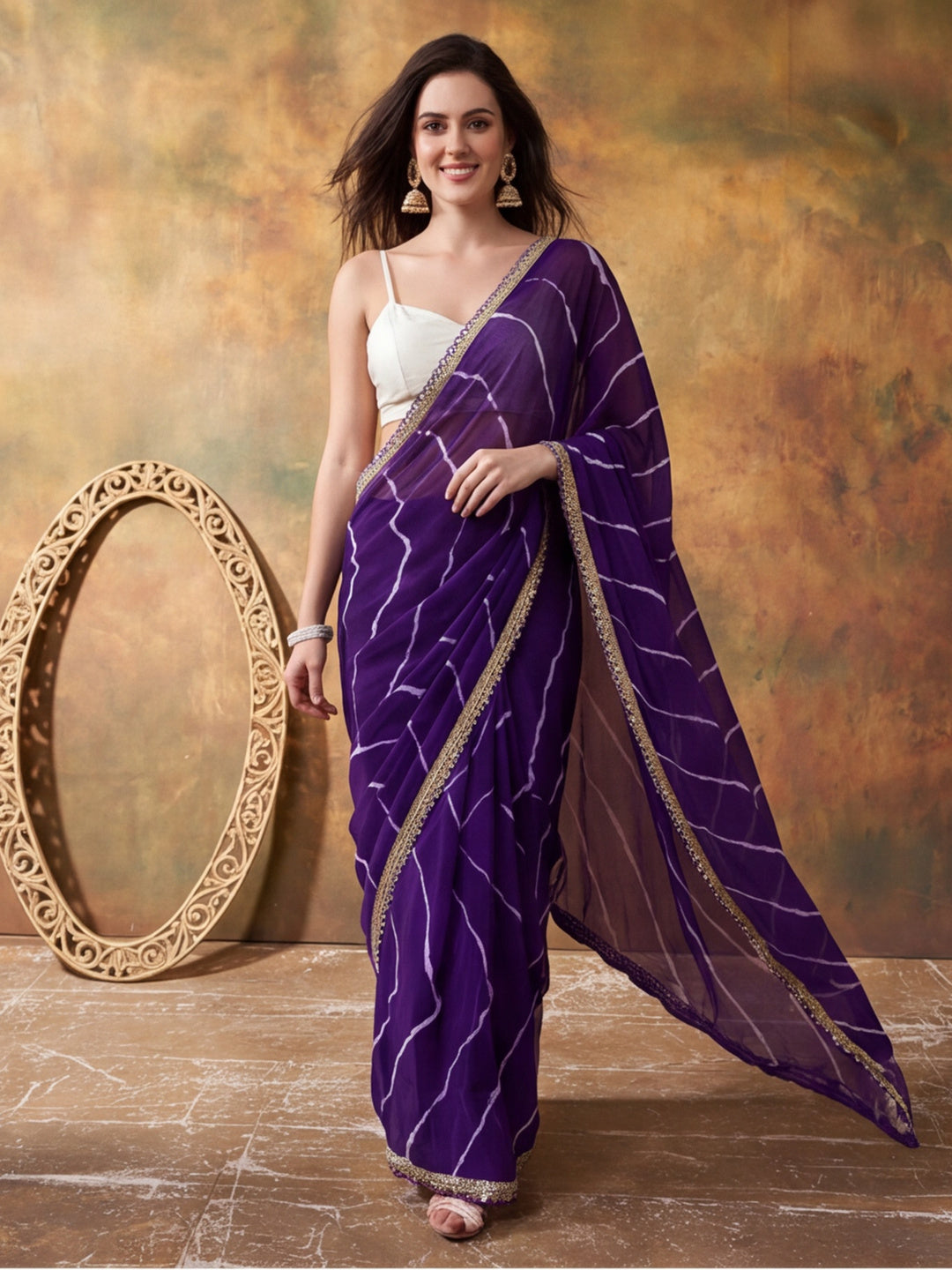 Embellished Laheriya Printed Georgette Ready To Wear Saree With Unstitched Blouse