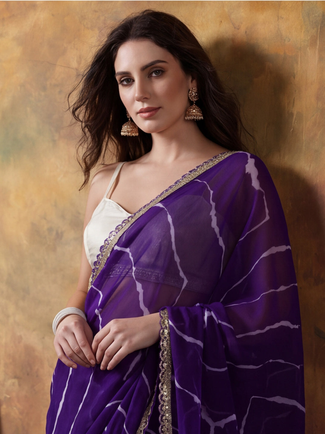 Embellished Laheriya Printed Georgette Ready To Wear Saree With Unstitched Blouse