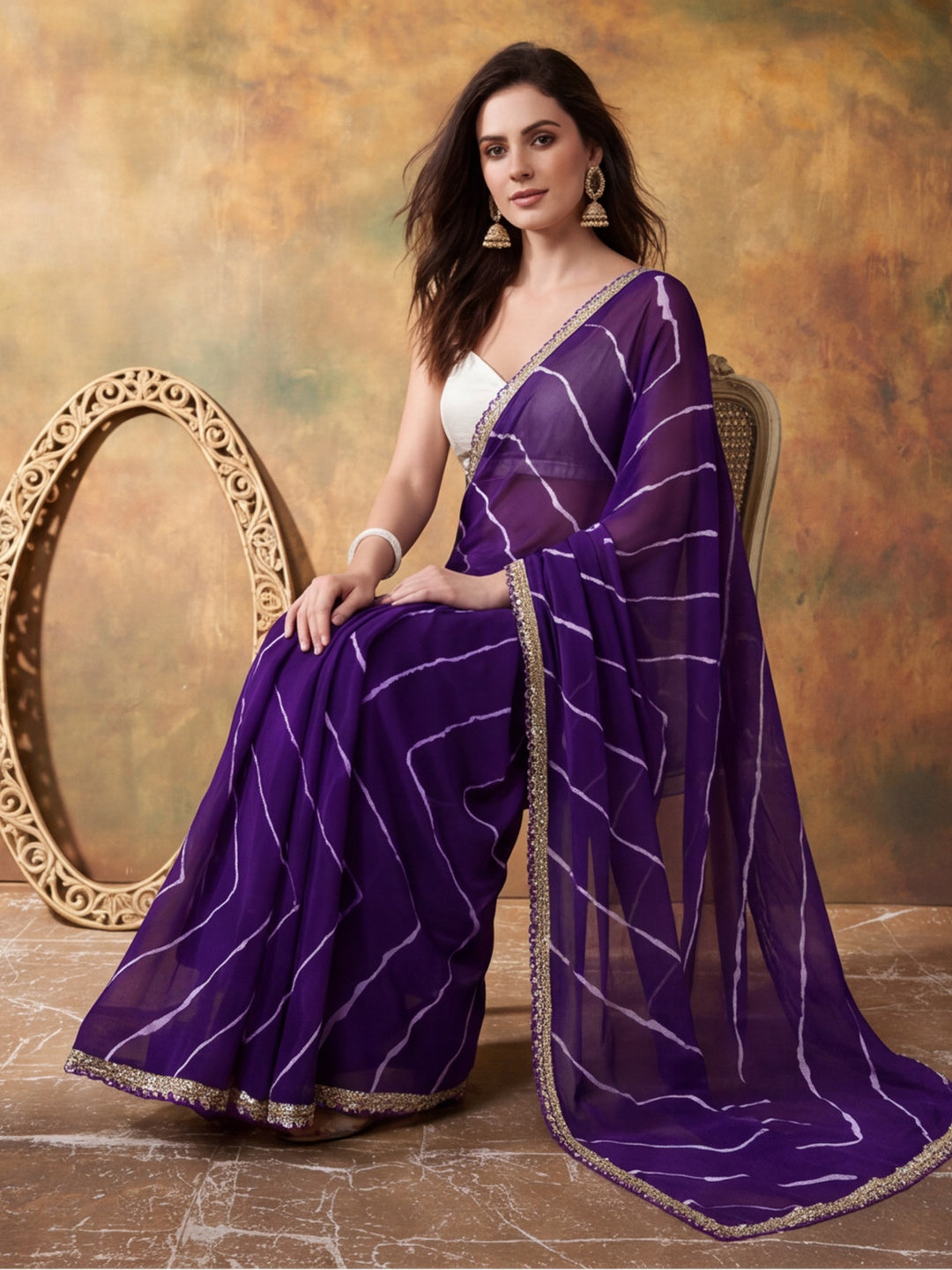 Embellished Laheriya Printed Georgette Ready To Wear Saree With Unstitched Blouse