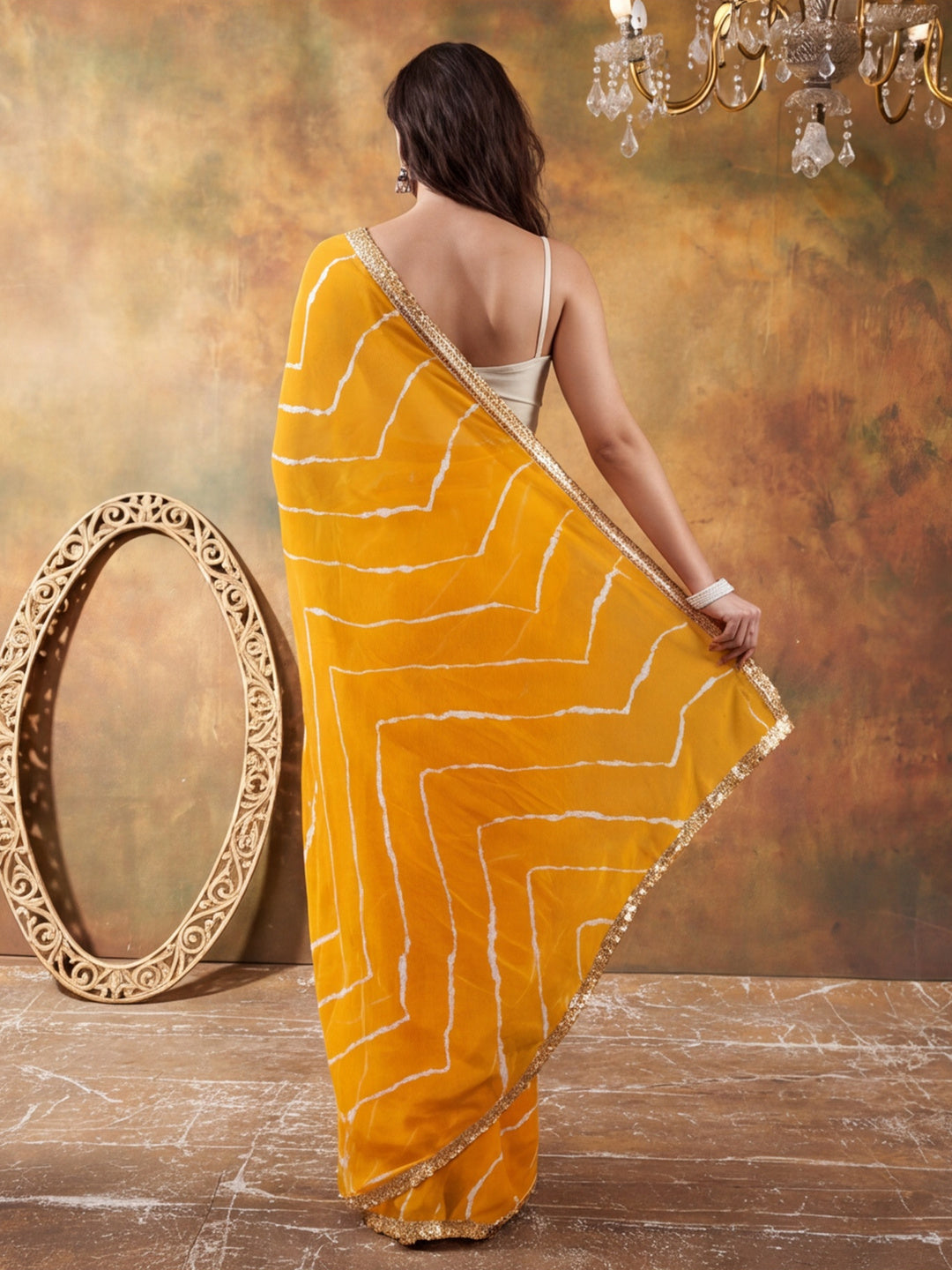 Embellished Laheriya Printed Georgette Ready To Wear Saree With Unstitched Blouse