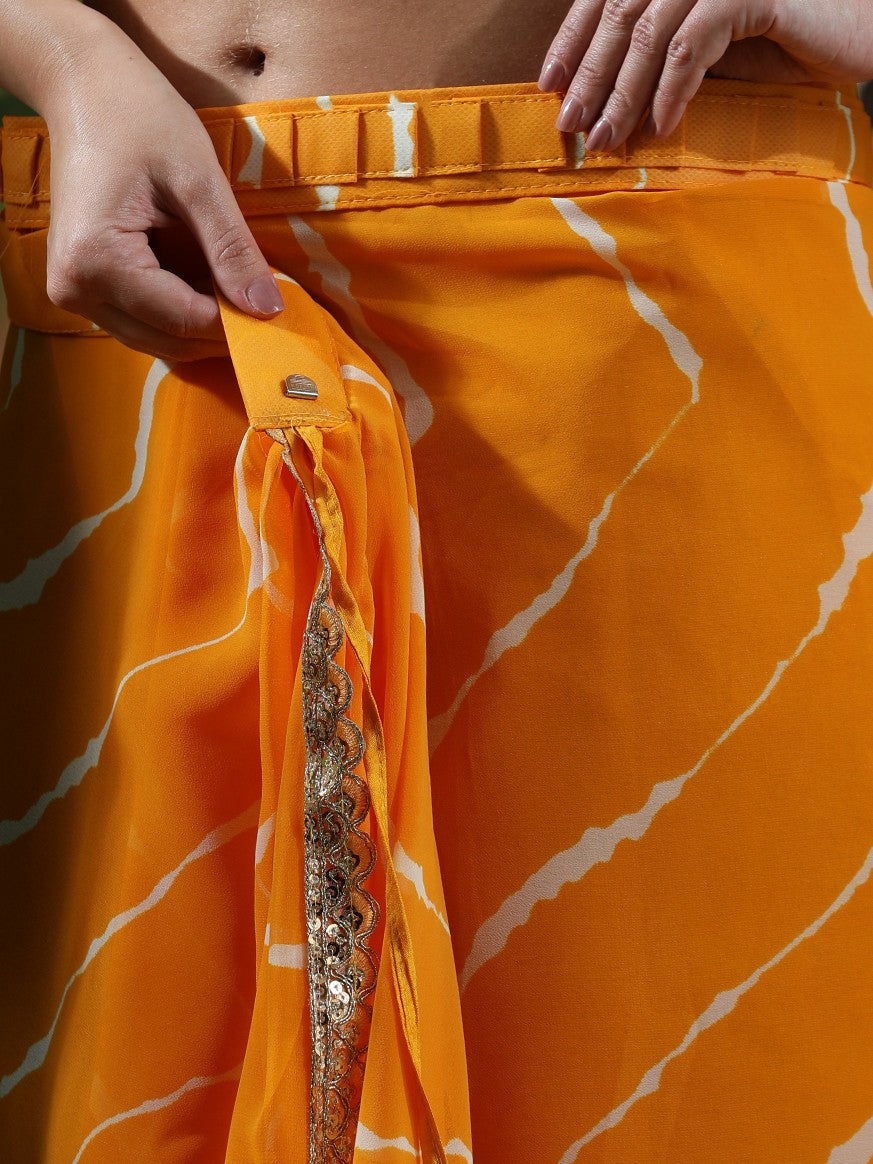 Embellished Laheriya Printed Georgette Ready To Wear Saree With Unstitched Blouse