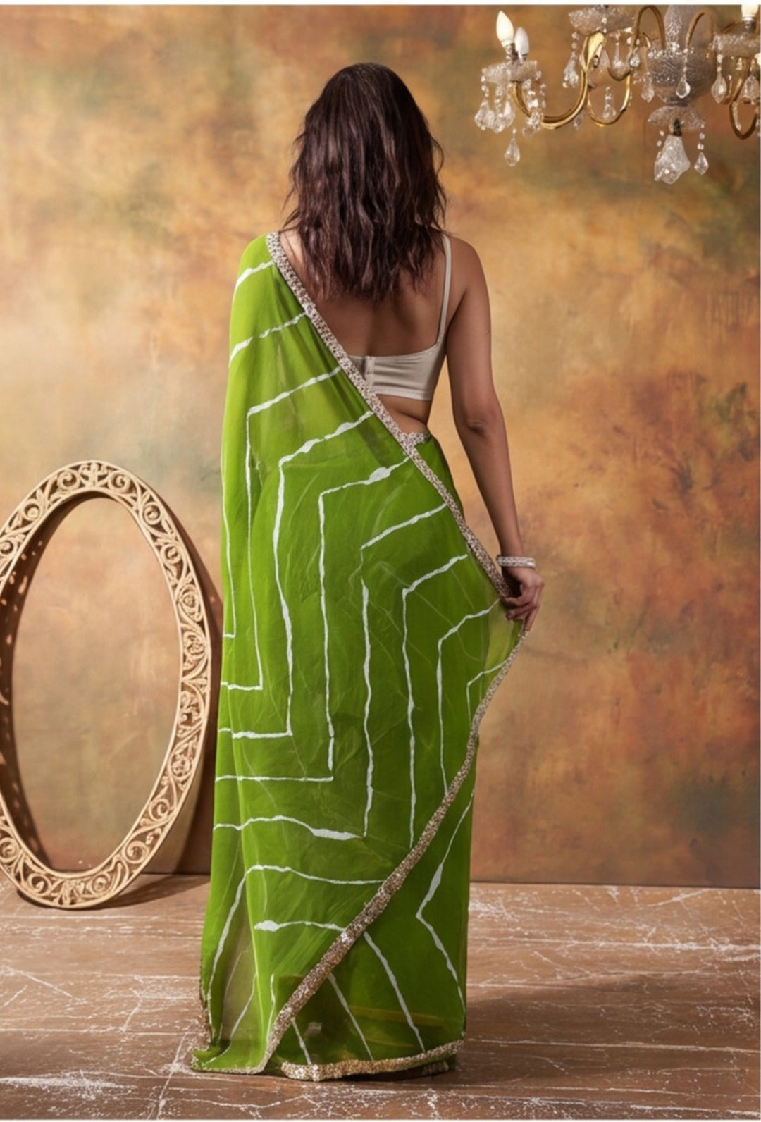Embellished Laheriya Printed Georgette Ready To Wear Saree With Unstitched Blouse