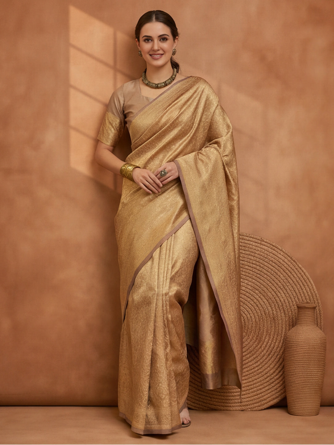 Beige Woven Design Saree with Subtle Border