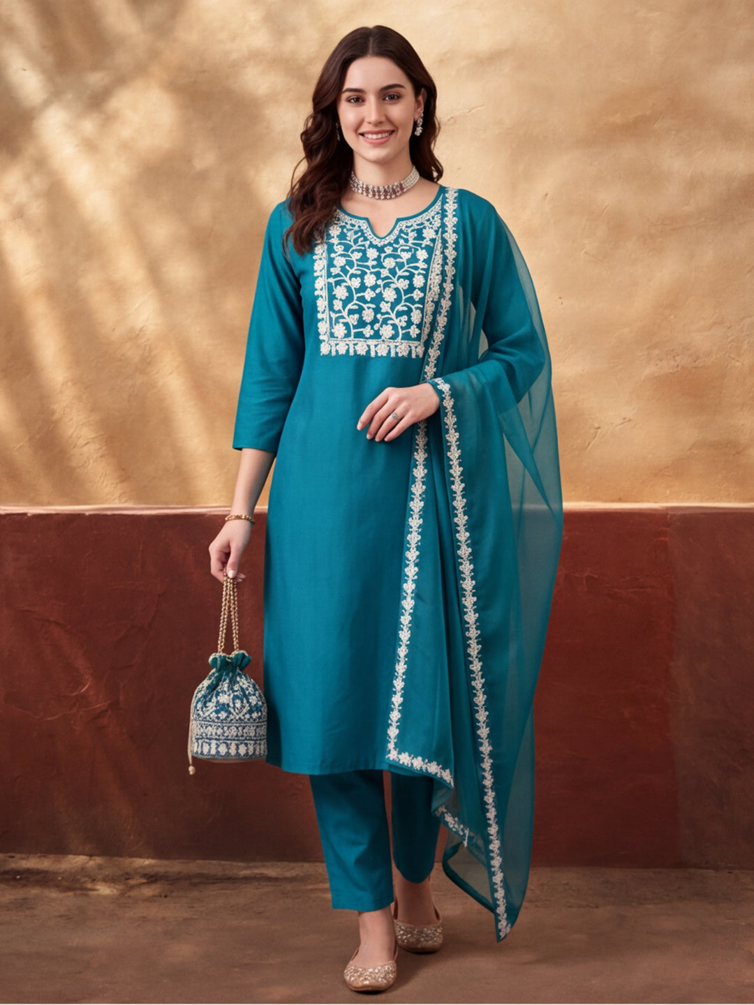 Women's Teal Blue Floral Embroidered Kurta Set with Dupatta | Straight Ethnic Festive Wear Suit