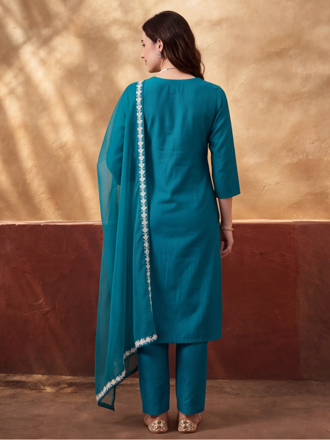 Women's Teal Blue Floral Embroidered Kurta Set with Dupatta | Straight Ethnic Festive Wear Suit
