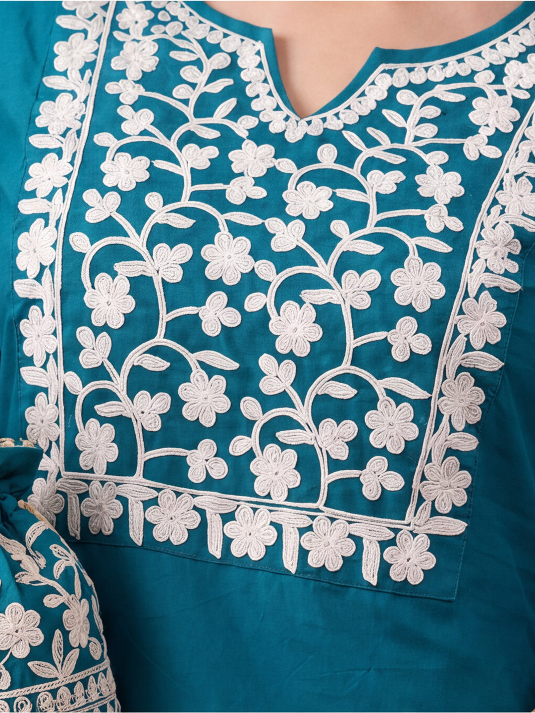 Women's Teal Blue Floral Embroidered Kurta Set with Dupatta | Straight Ethnic Festive Wear Suit
