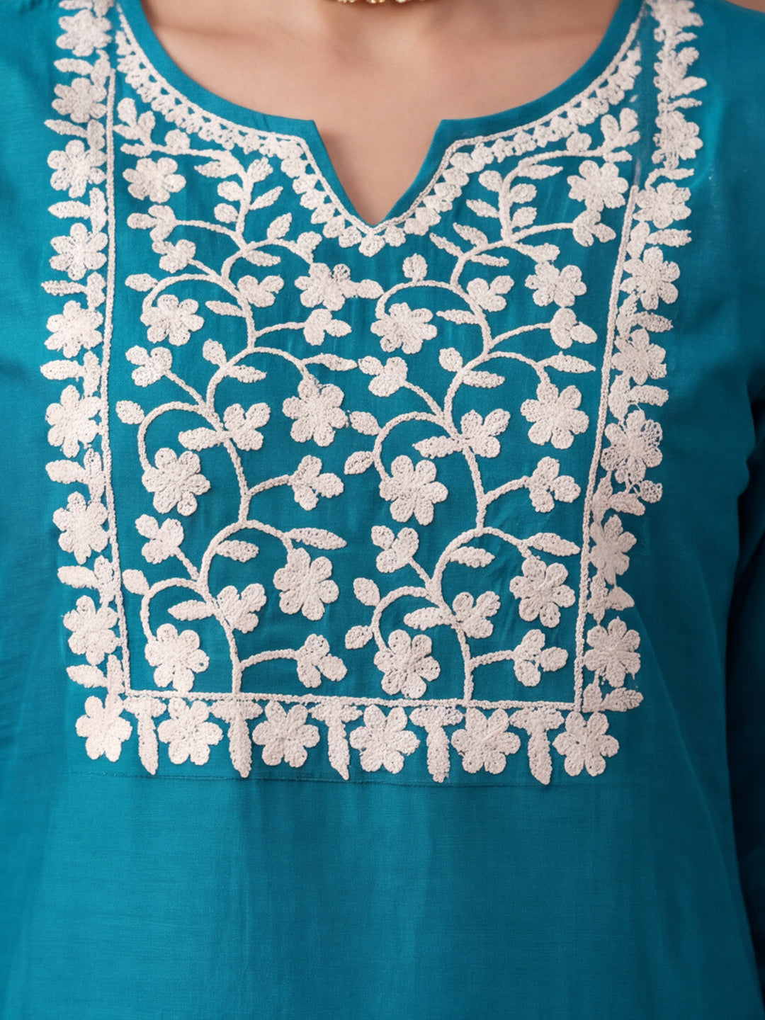 Women's Teal Blue Floral Embroidered Kurta Set with Dupatta | Straight Ethnic Festive Wear Suit