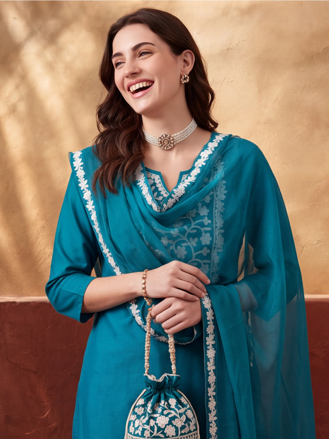 Women's Teal Blue Floral Embroidered Kurta Set with Dupatta | Straight Ethnic Festive Wear Suit