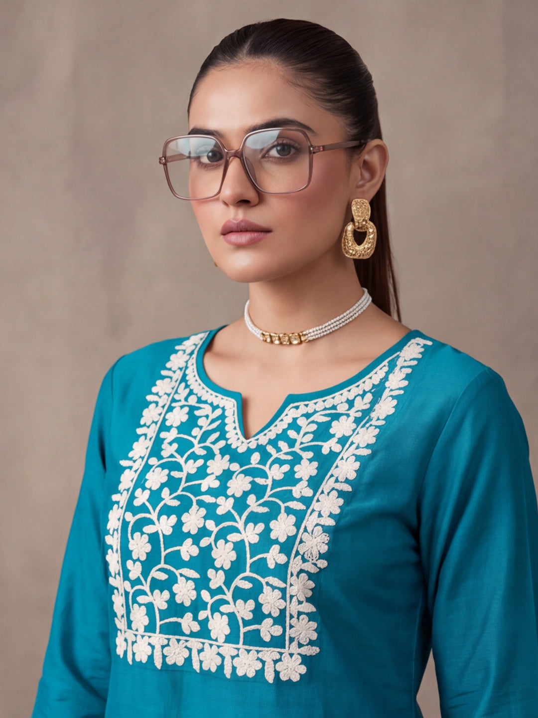Women's Teal Blue Floral Embroidered Kurta Set with Dupatta | Straight Ethnic Festive Wear Suit