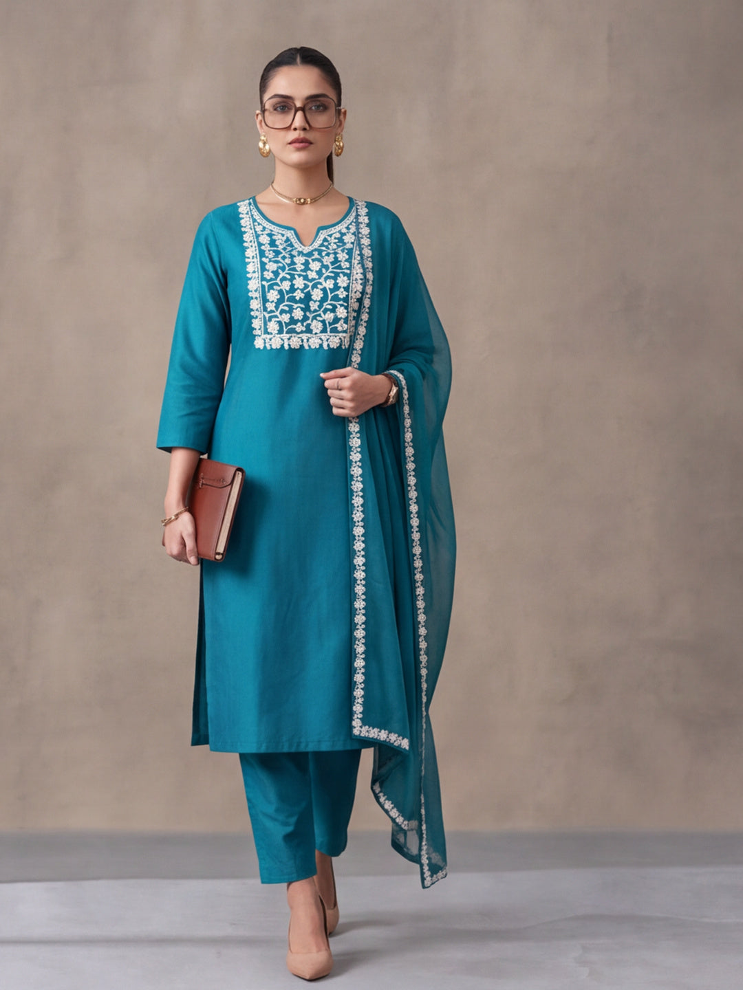 Women's Teal Blue Floral Embroidered Kurta Set with Dupatta | Straight Ethnic Festive Wear Suit
