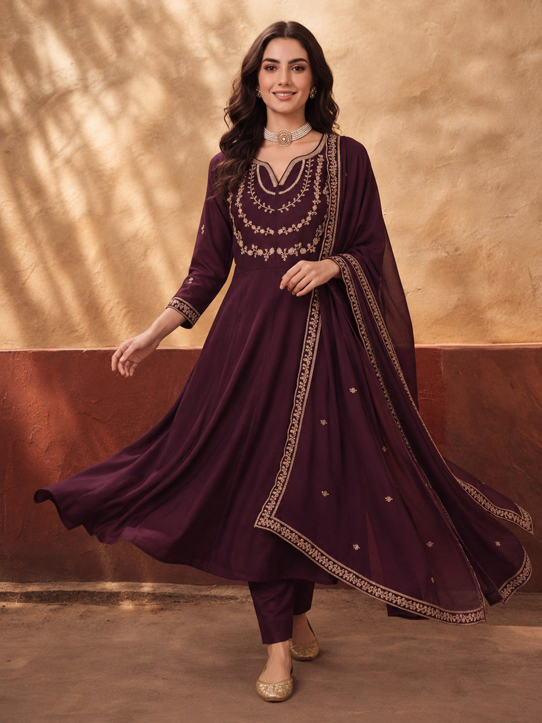 Women's Wine Embroidered Kurta Set with Dupatta | Straight Ethnic Festive Wear Suit