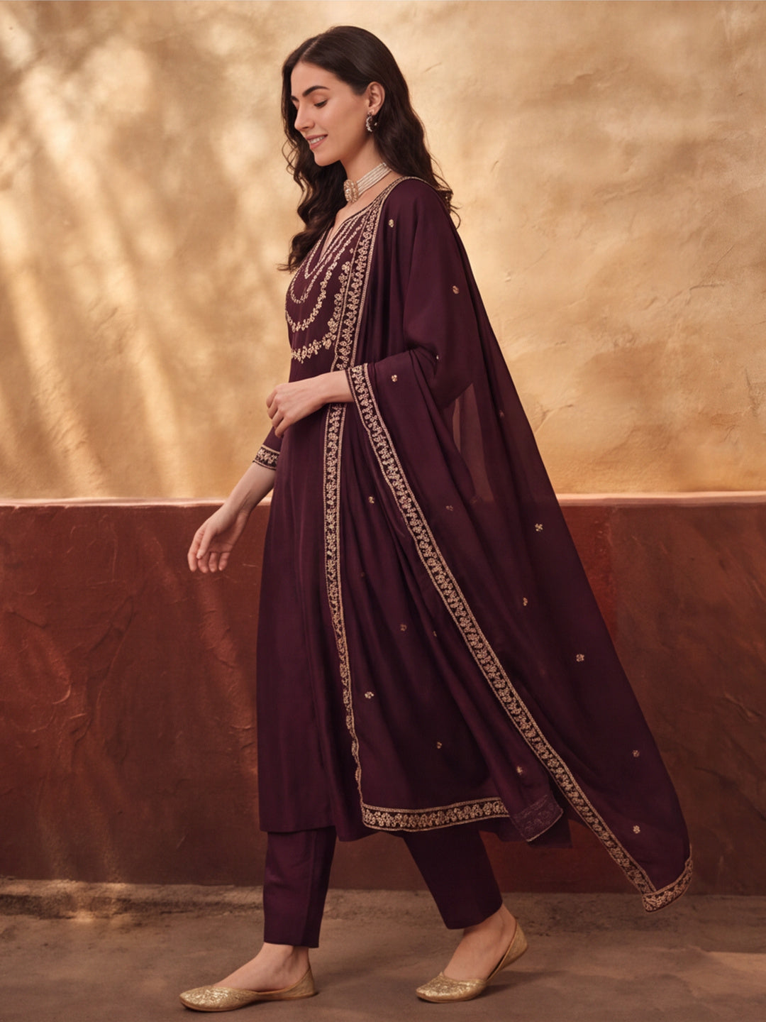 Women's Wine Embroidered Kurta Set with Dupatta | Straight Ethnic Festive Wear Suit