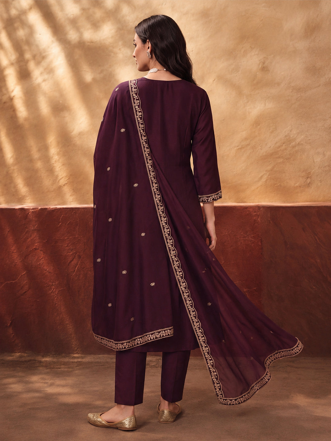 Women's Wine Embroidered Kurta Set with Dupatta | Straight Ethnic Festive Wear Suit