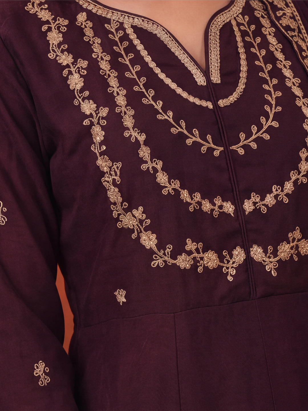 Women's Wine Embroidered Kurta Set with Dupatta | Straight Ethnic Festive Wear Suit
