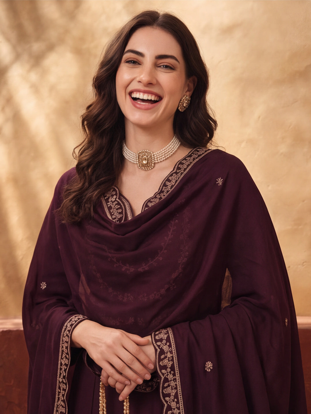 Women's Wine Embroidered Kurta Set with Dupatta | Straight Ethnic Festive Wear Suit