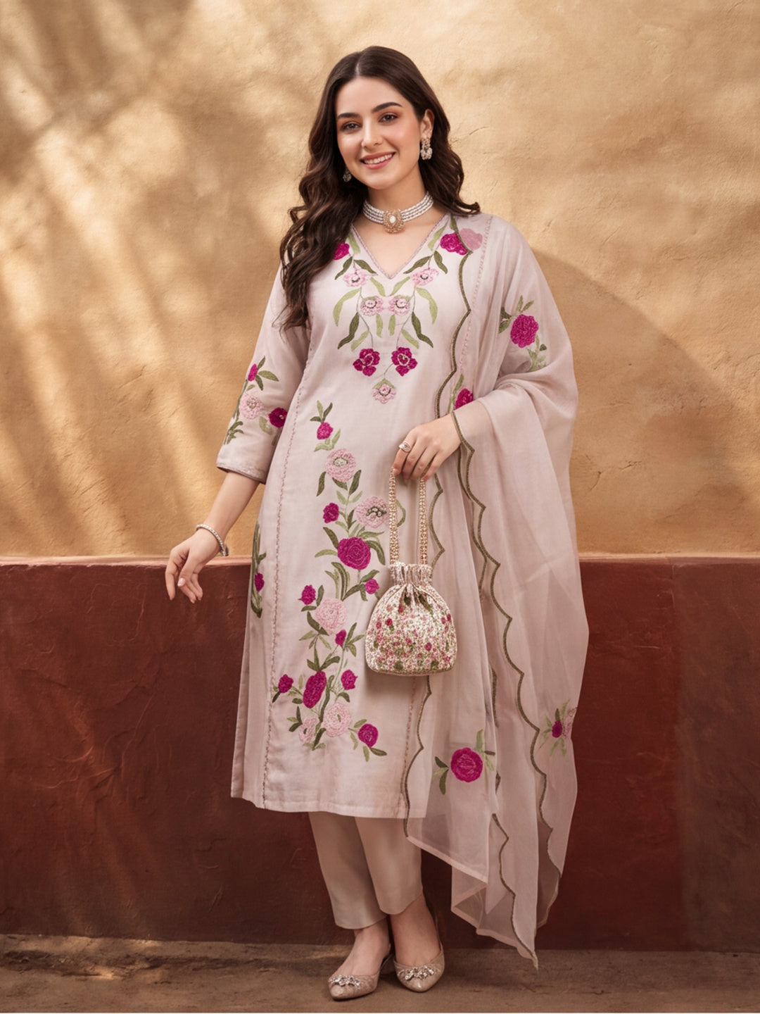 Women's Off White Floral Embroidered Kurta Set with Organza Dupatta | Ethnic Festive Wear