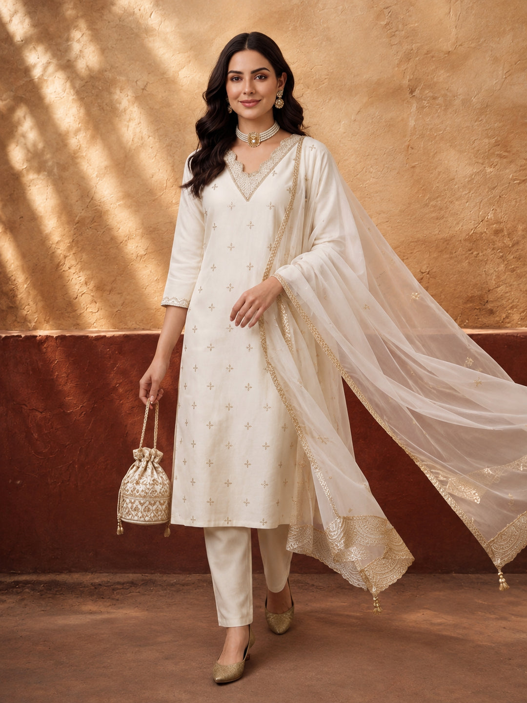 Women's Off White Embroidered Kurta Set with Organza Dupatta | Straight Ethnic Festive Wear Suit
