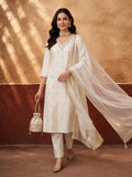Women's Off White Embroidered Kurta Set with Organza Dupatta | Straight Ethnic Festive Wear Suit