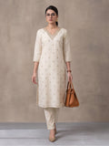 Women's Off White Embroidered Kurta Set with Organza Dupatta | Straight Ethnic Festive Wear Suit